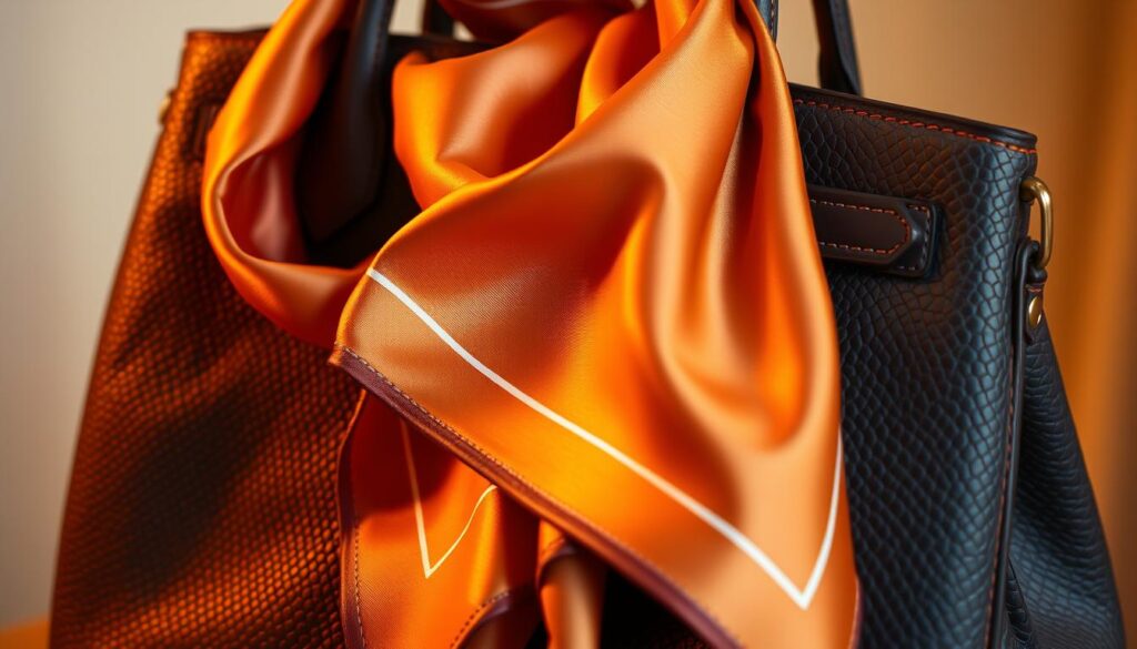Hermes scarf accessories on designer handbag